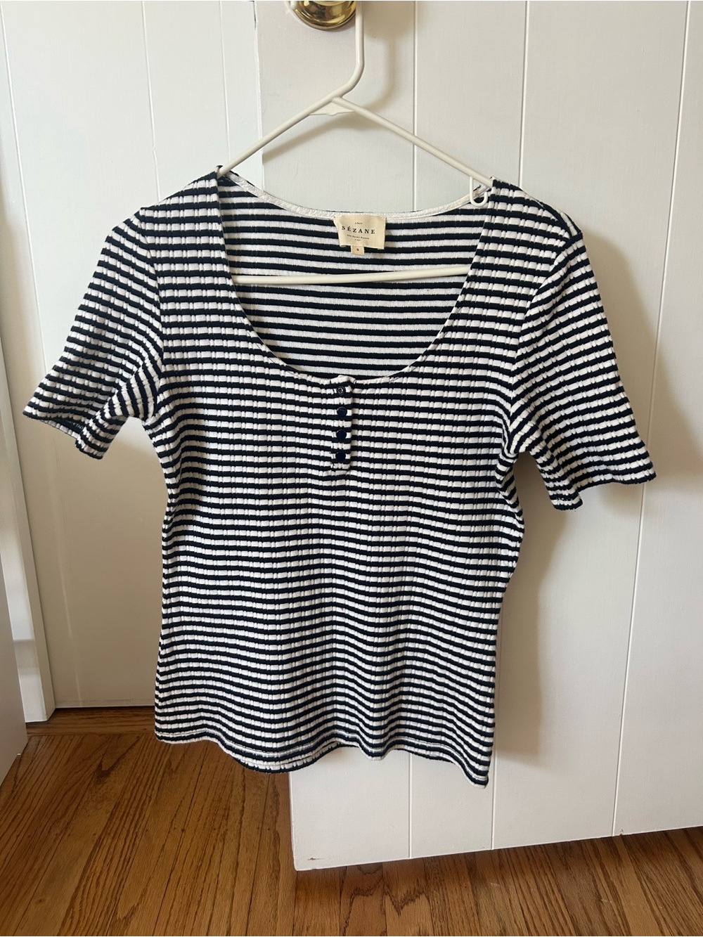 Sezane Navy and White Striped Scoop-Neck Tee, Size Small